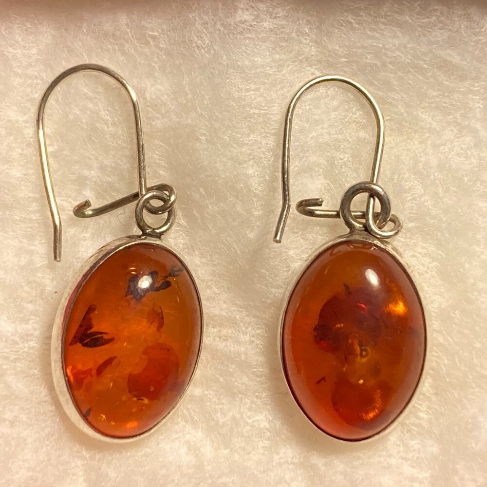 Vintage Sterling Silver Amber Cabochon Handmade Earrings